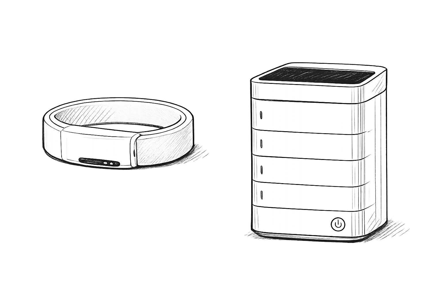 Concept renders showing a MYNAH wearable band and a compact local compute unit.